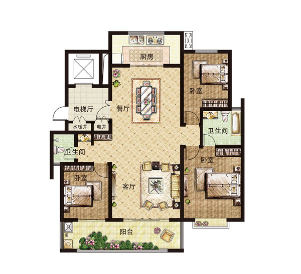 157平米三室两厅两卫户型其中,206方及208方四室房源分布在项目12,13